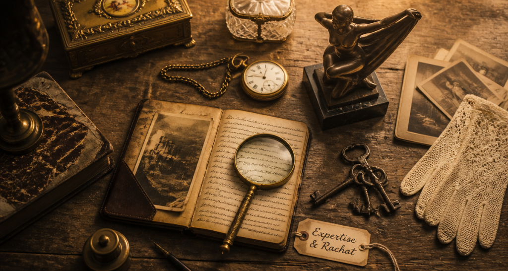 antiquaire rachat objets anciens sur table