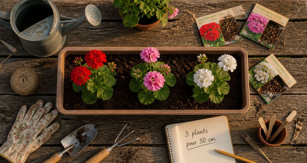 combien de géranium dans une jardinière de 50 cm, vue de dessus