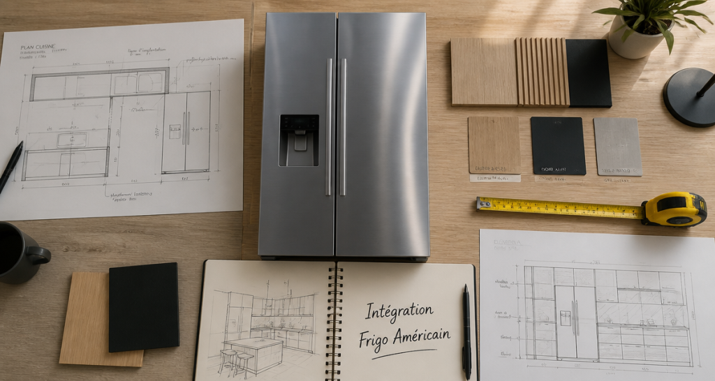 comment intégrer un frigo américain dans une cuisine, vue flat-lay moderne