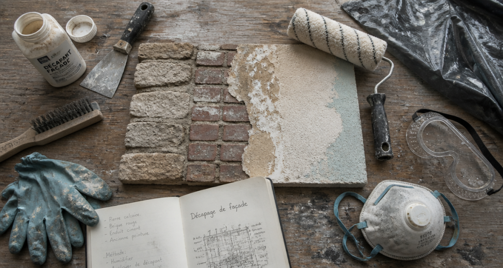 decaper facade peinture outils sur plan de travail