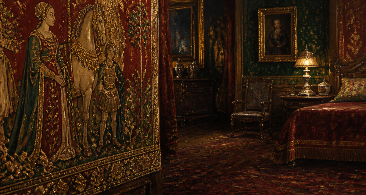 Le beau tissu de la tapisserie en soie et or, chambre XIXe
