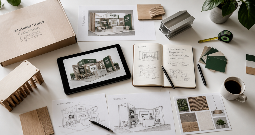 mobilier pour stand exposition échantillons plans 3D