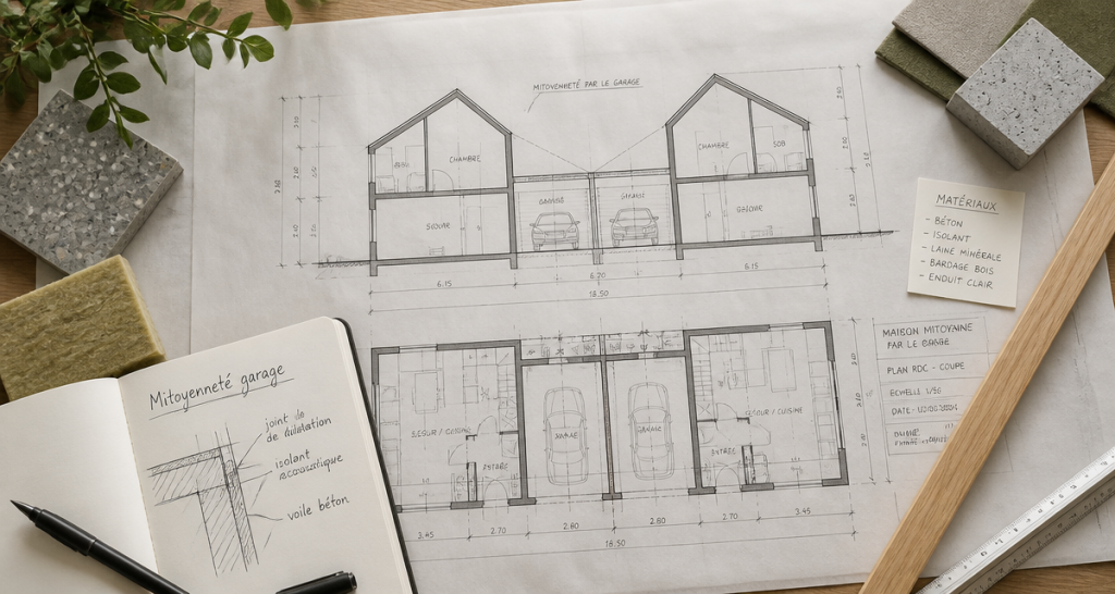 plan maison mitoyenne par le garage sur bureau d’architecte