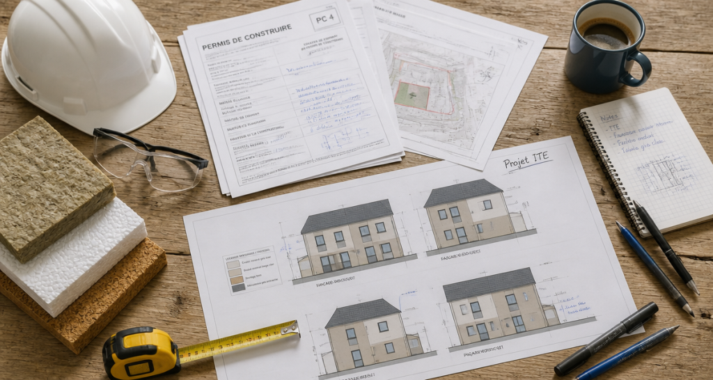 Ravalement ITE plans et matériaux isolants sur bureau d’architecte
