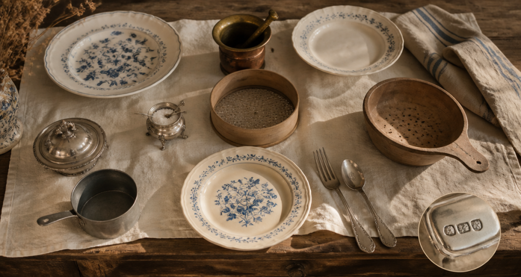 Vaissellerie définition, objets anciens sur table