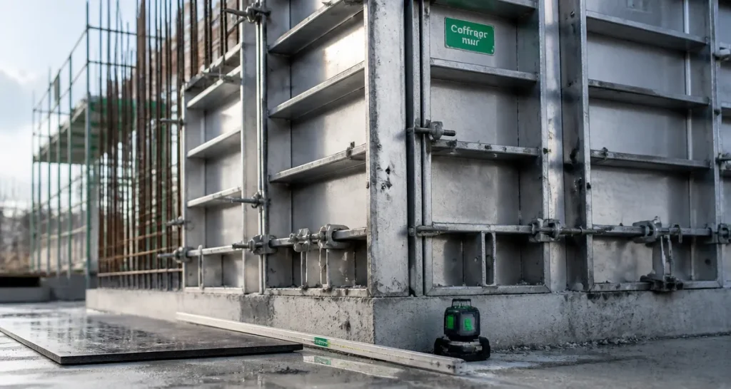 Coffrage mur sur semelle béton : banches métalliques et tiges de coffrage