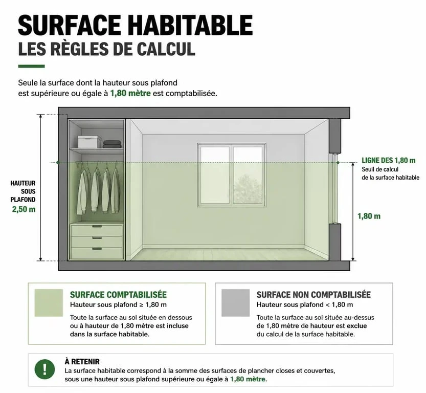 Infographie explicative des règles de calcul de la surface habitable et des placards selon la loi Boutin