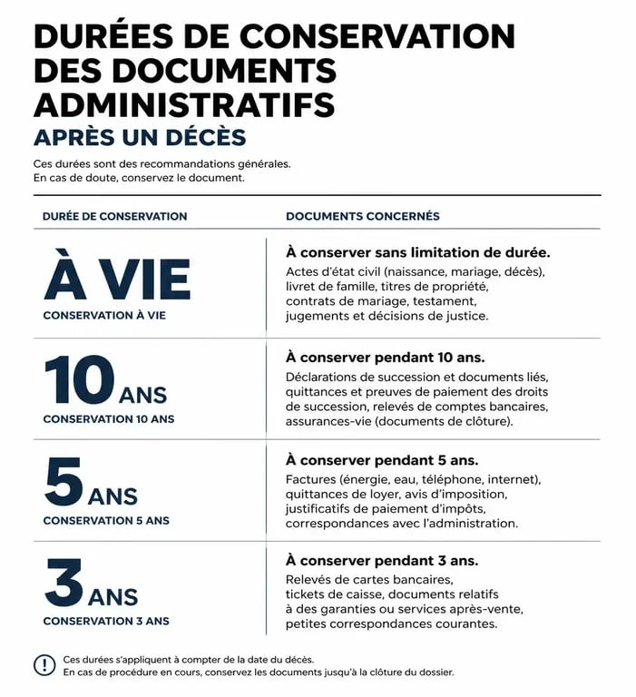 Infographie sur les durées de conservation des documents administratifs pour vider une maison après décès