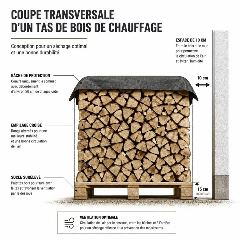 Schéma explicatif pour savoir comment ranger du bois de chauffage efficacement