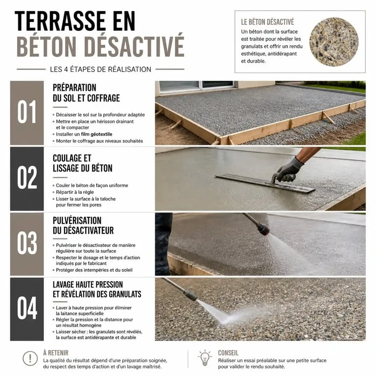 Étapes de réalisation d'une terrasse en béton désactivé : du coffrage au lavage haute pression.
