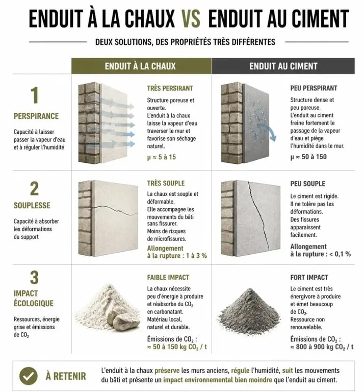 Infographie comparative des propriétés techniques de l'enduit à la chaux versus ciment