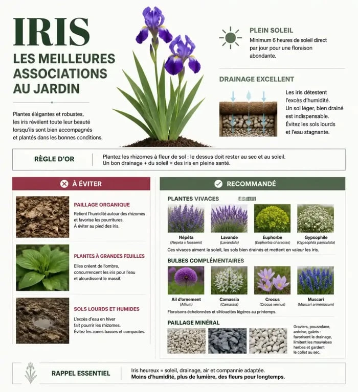 Infographie sur les plantes compagnes et le paillage idéal pour les iris au jardin