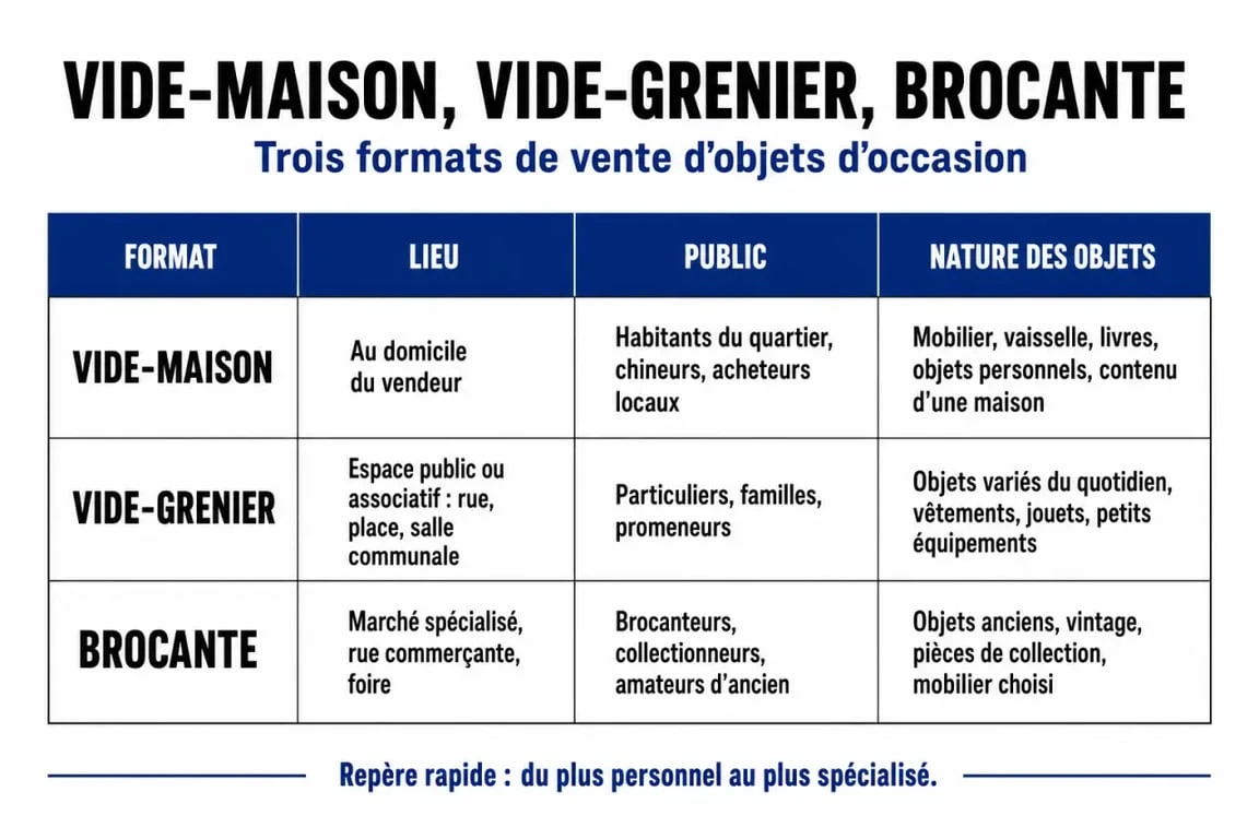 Tableau comparatif des différences entre vide-maison, vide-grenier et brocante en Charente-Maritime