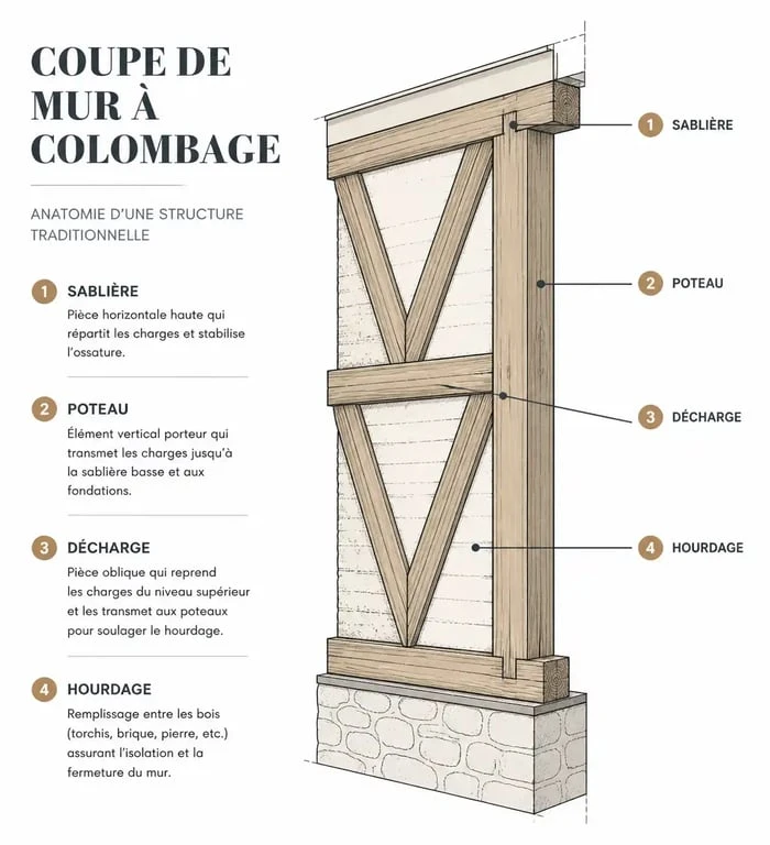 Schéma technique d'un mur à colombage montrant l'ossature bois et le hourdage