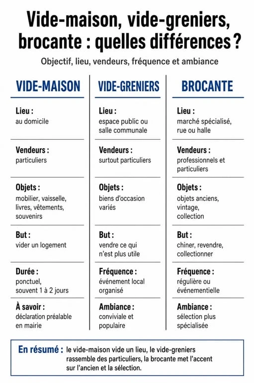 Tableau comparatif des différences entre vide-maison, vide-greniers et brocante dans le Loiret