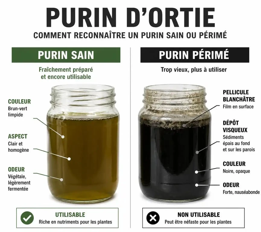 Infographie comparative pour identifier un purin d'ortie périmé ou pourri au jardin