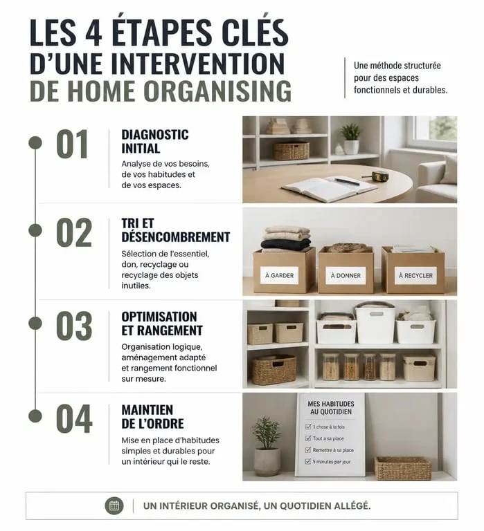 Infographie des étapes d'une aide au rangement maison pour une organisation durable