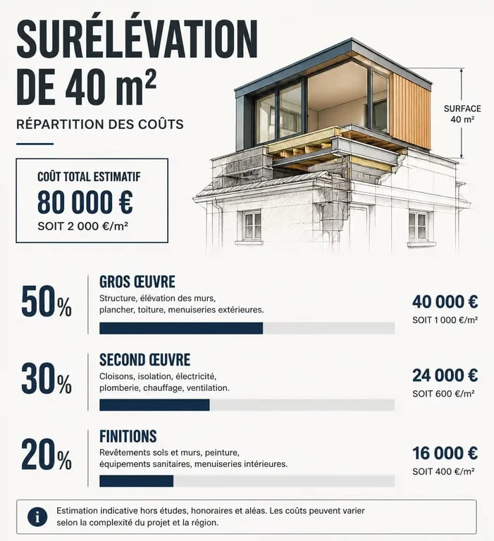 Répartition des coûts pour une surélévation de maison de 40m2