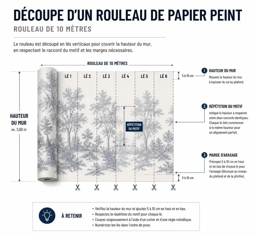 Schéma explicatif pour calculer le nombre de lés dans un rouleau de papier peint