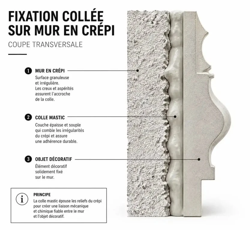 Schéma illustrant la technique de collage sur un mur en crépi avec comblement des aspérités pour une adhérence optimale
