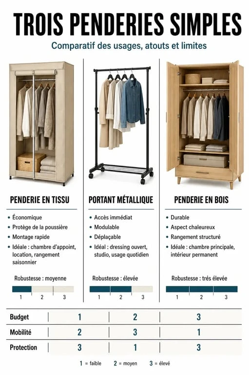 Infographie comparative des différents types de penderie simple pour choisir le rangement adapté