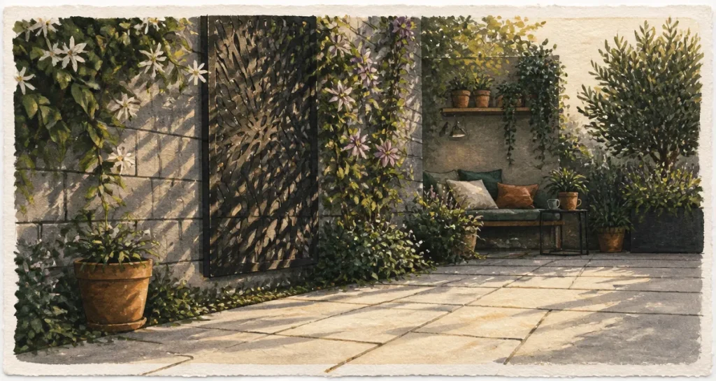 Idee pour cacher un mur exterieur : plantes grimpantes et panneau décoratif sur mur extérieur