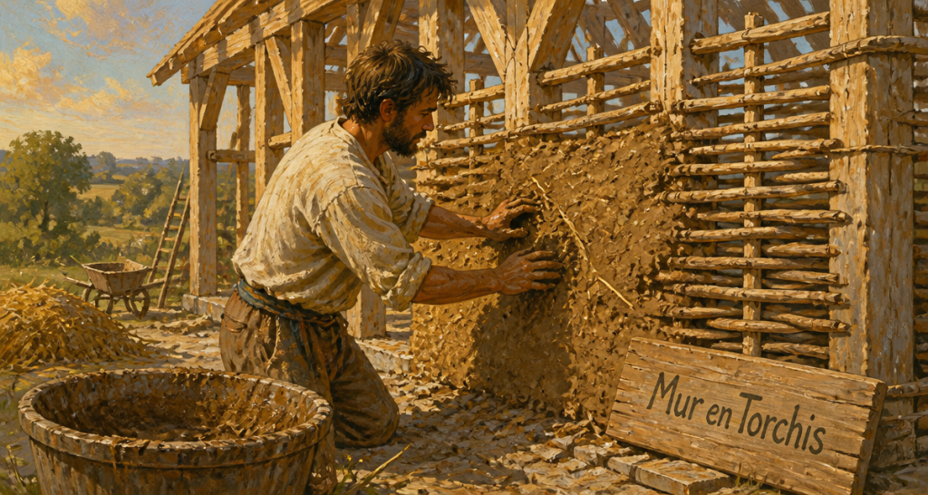 Artisan façonnant un mur en torchis à la main