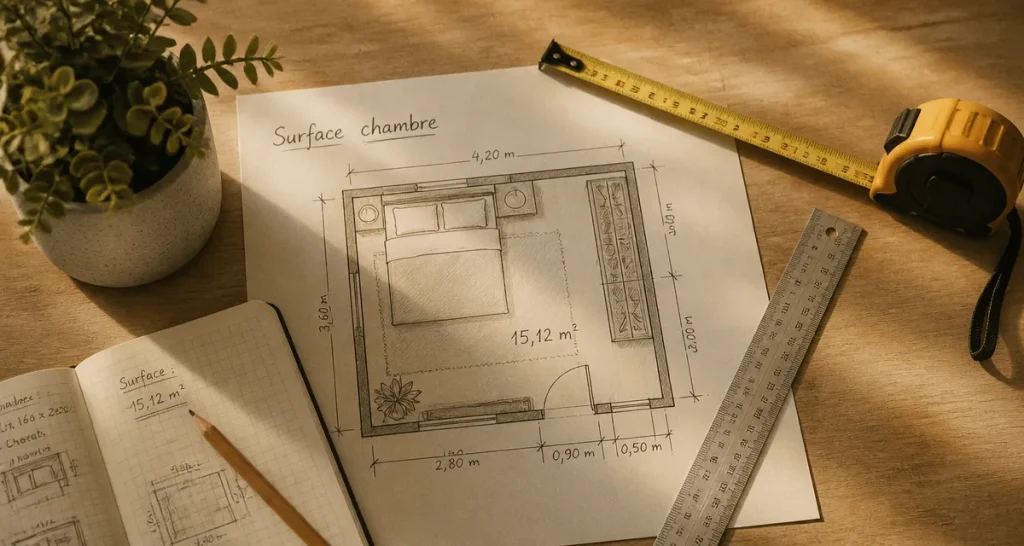 plan taille chambre avec outils sur bureau bois
