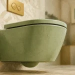 Toilette coloré vert sauge, WC moderne laiton, vue en contre-plongée