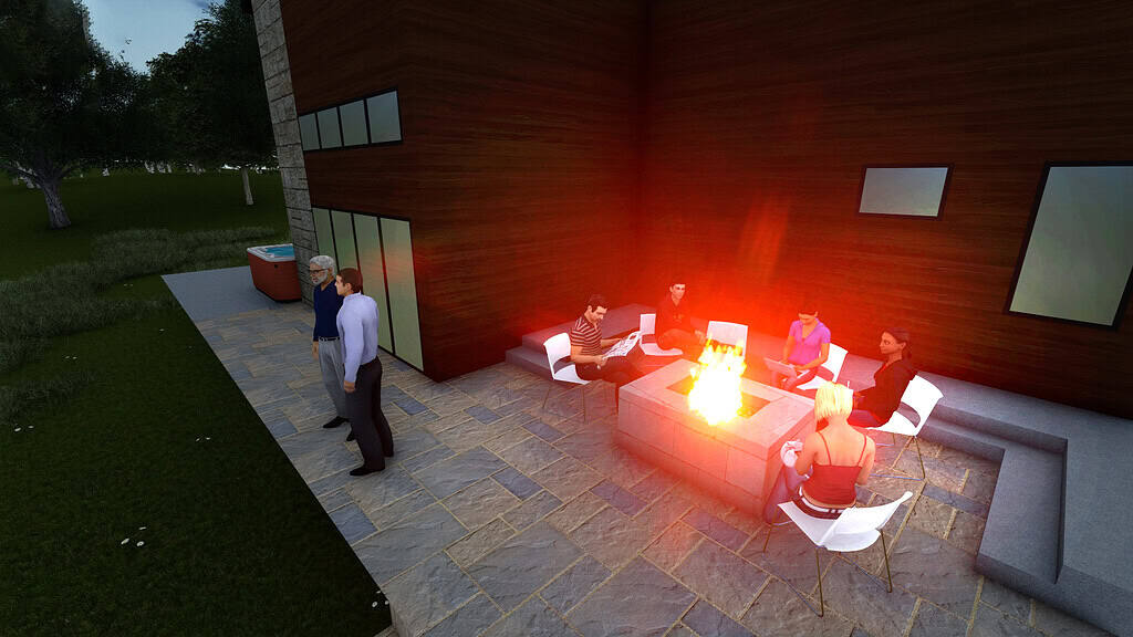 hire a professional landscape designer - Computer rendering of a patio with a fire pit