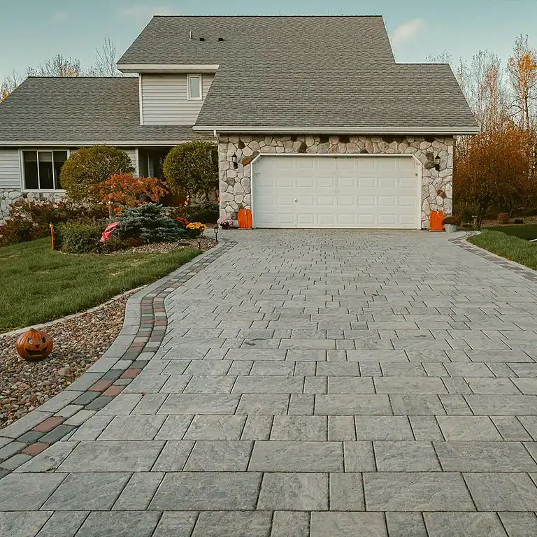 Beautiful stone paved driveway leading to a house with fall landscaping.