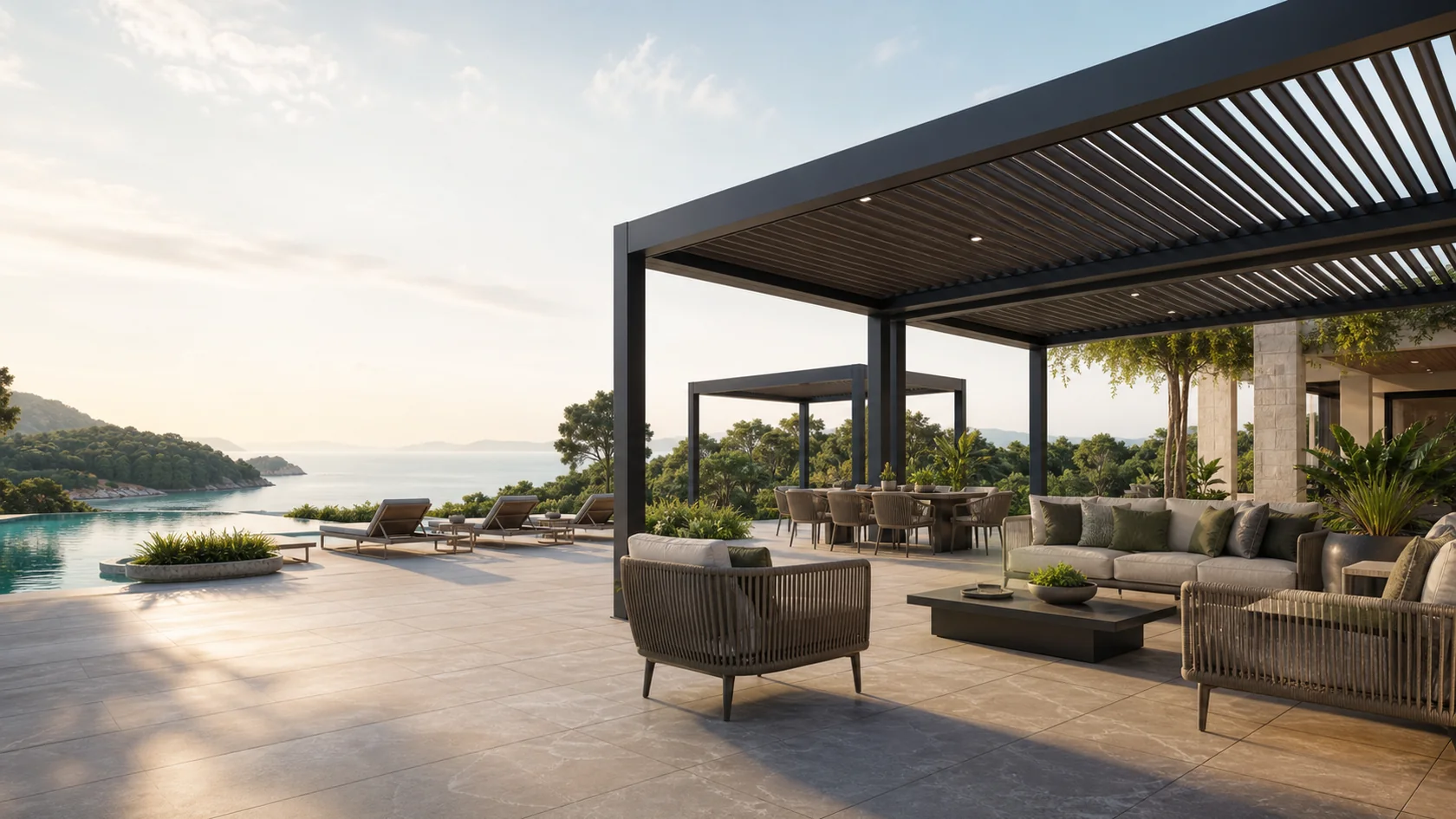 Luxury outdoor pergola and furniture for resort terrace