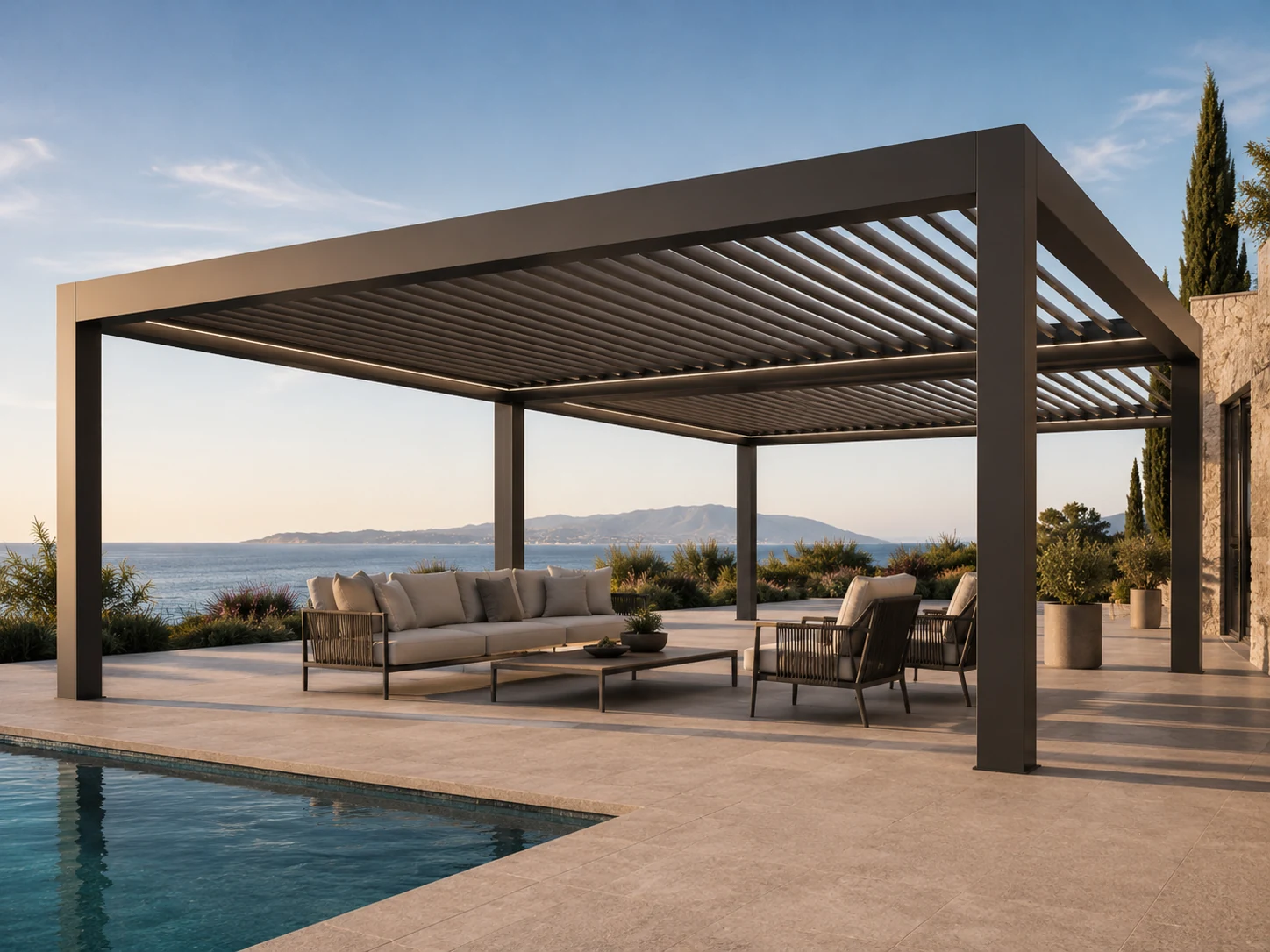 Louvered aluminum pergola system