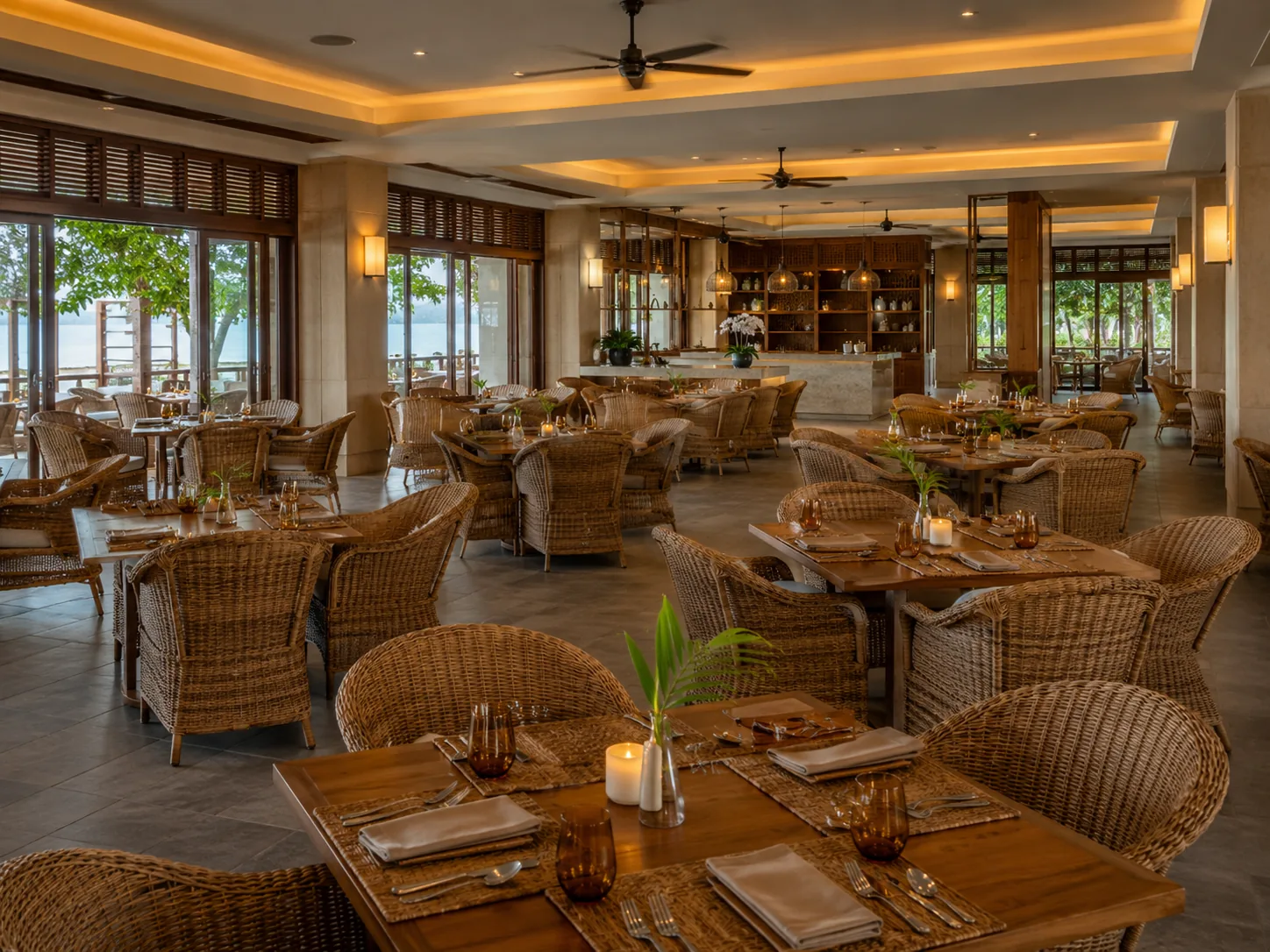 Resort indoor wicker restaurant dining setting