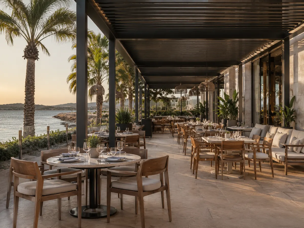 Restaurant terrace outdoor furniture and pergola solution overview