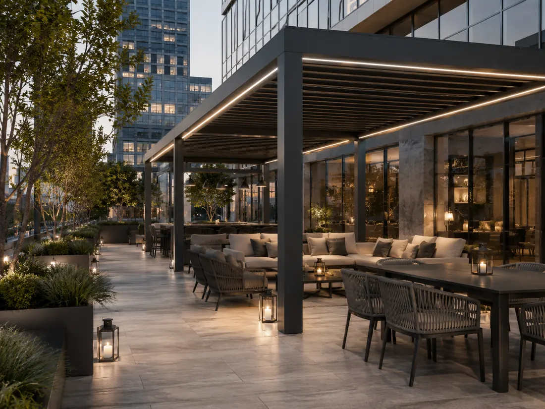 Cafe outdoor seating with flexible tables and chairs