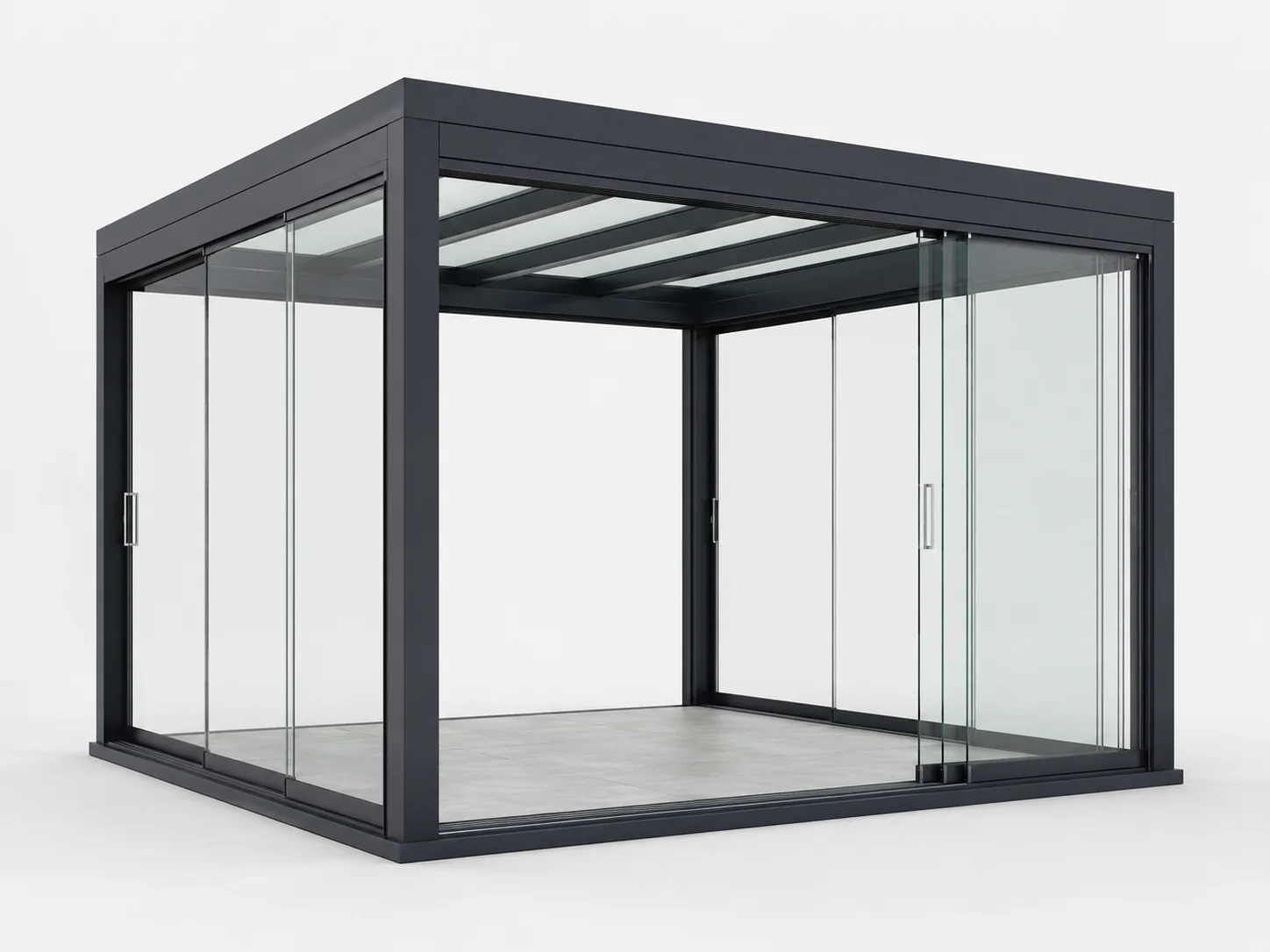 Glazen pergola structuur met schuifdeuren