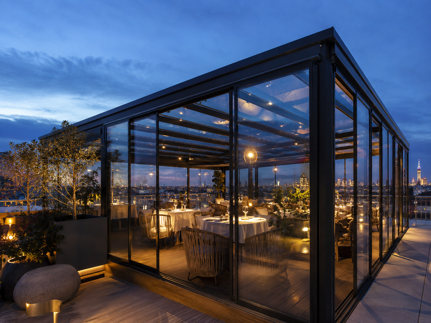 glass pergola rooftop dining city skyline luxury restaurant enclosure