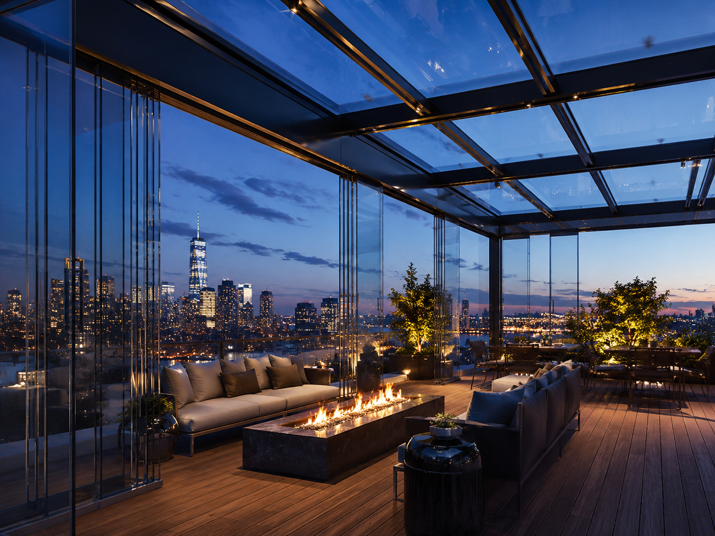 glass pergola rooftop dining city skyline luxury restaurant enclosure