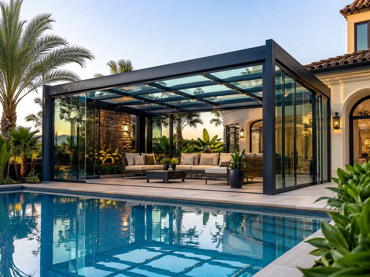 Glazen pergola voor villa met zwembad