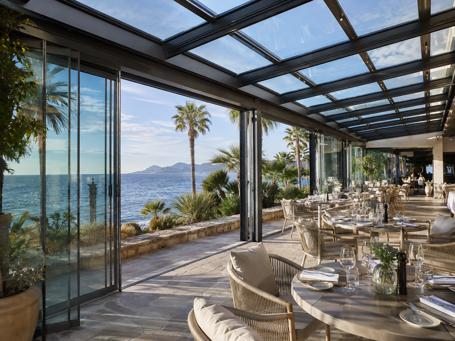 glass pergola seaside restaurant ocean view dining enclosure system