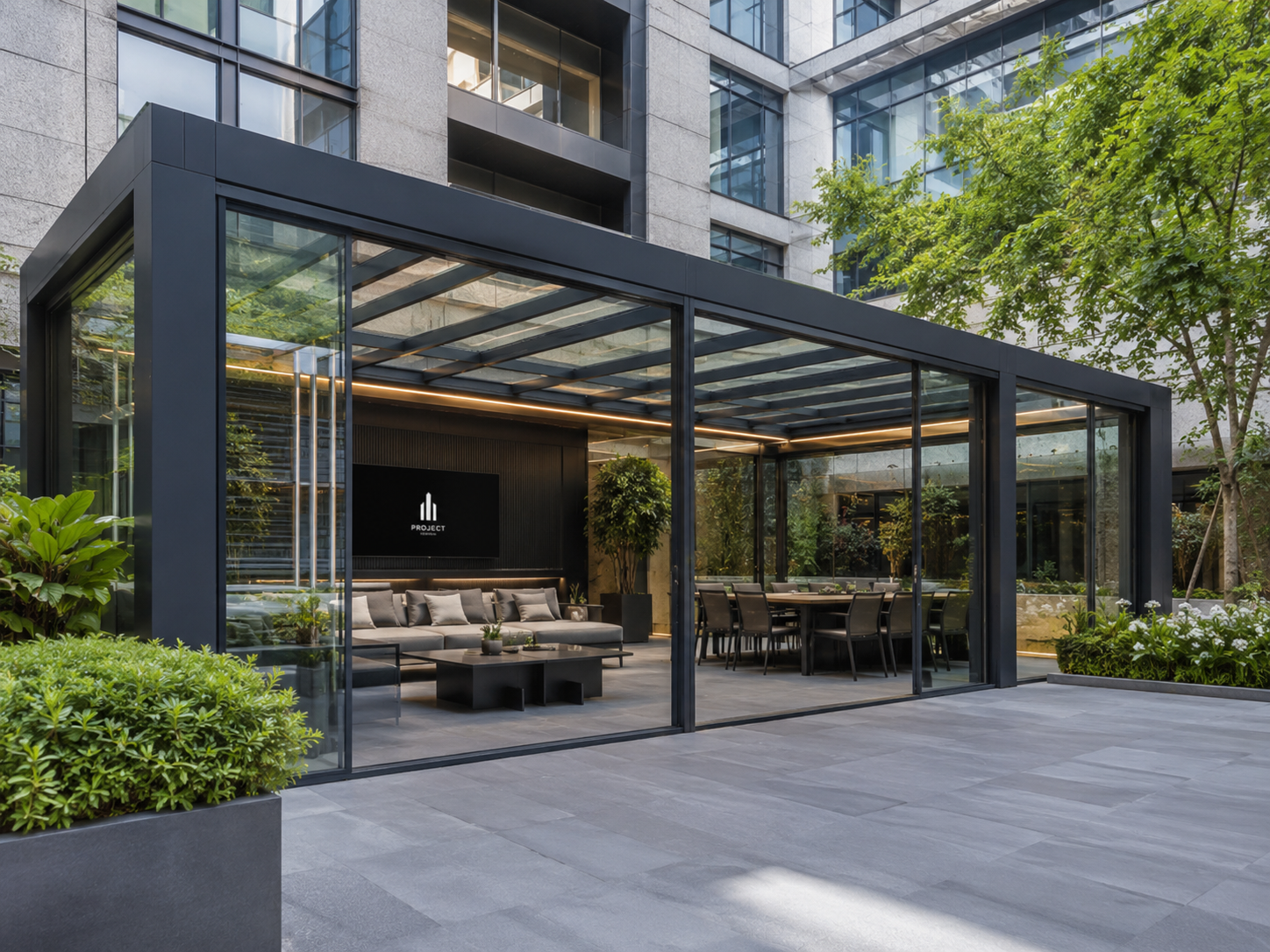 aluminum glass pergola structure with sliding doors engineering system