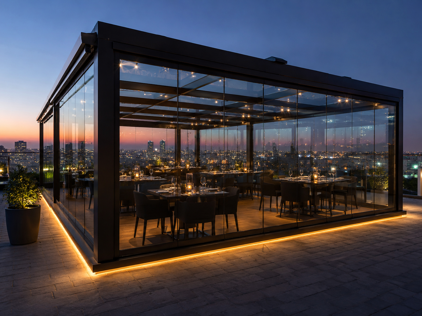 glass pergola rooftop dining city skyline luxury restaurant enclosure
