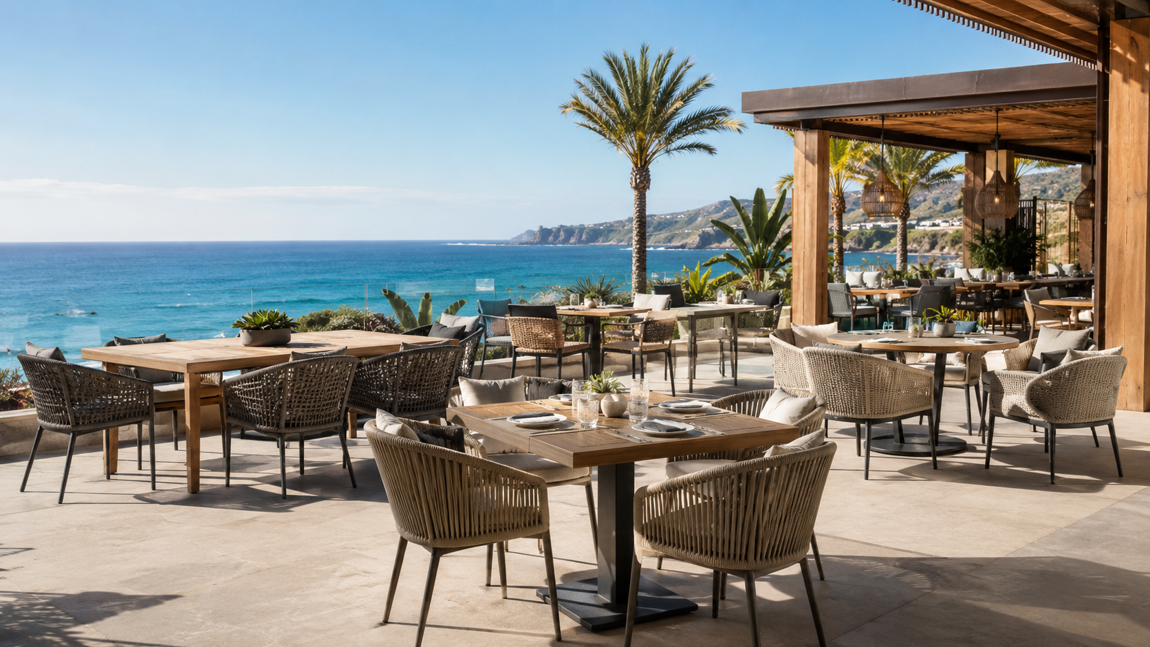 Luxury coastal hospitality outdoor dining terrace with commercial furniture