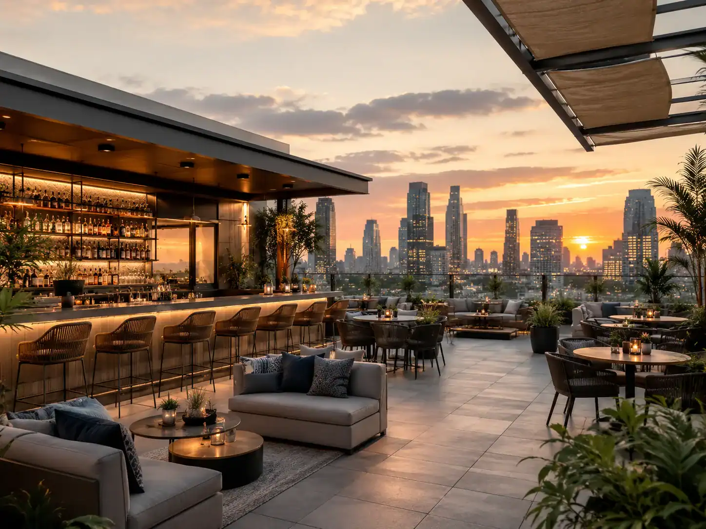 Rooftop bar with outdoor lounge furniture and city views