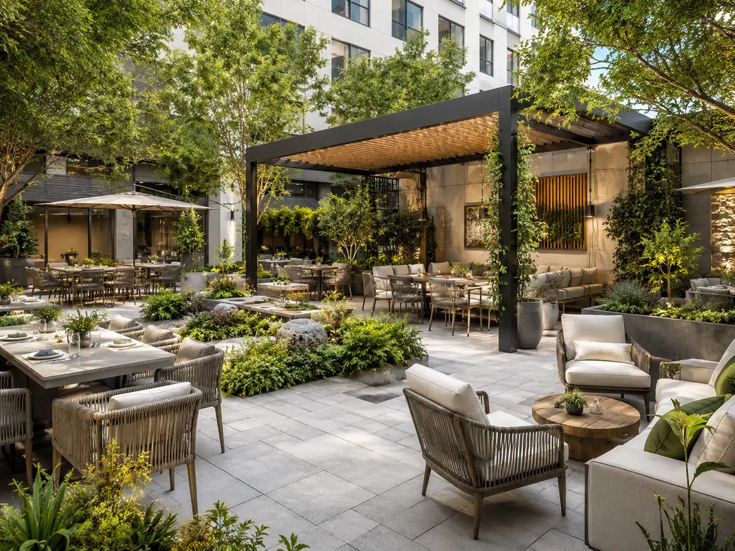 Commercial courtyard with pergola and coordinated seating