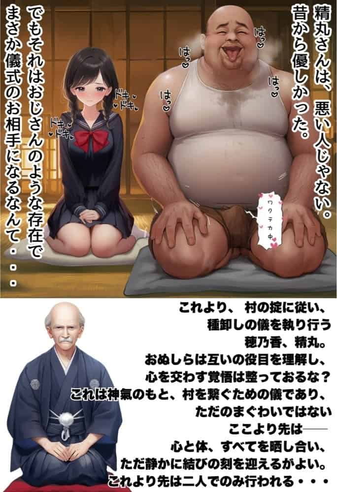 【因習村】村の飢饉を救うため差し出された僕の彼女、BMI40越えで性欲だけはいっちょまえの種付けおじさんに媚薬を飲まされ、おじさん特有のねちっこい前戯で全身べちょべちょに舐められたあげく、聖なる肉棒（チンカス付き）の掃除を実施！ その後はついに処女おまんこにゴールイン！入念かつ丹念にがん突きにされ、イキまくりんぐ！一晩中汗だくで連続絶頂アクメを決めさせられた話。 「穂乃香ぁ〜、オラの精、まるごと受け止めてくんろぉ〜〜！」