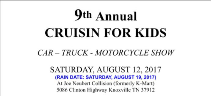 9th annual cruise for kids car truck motorcycle show.