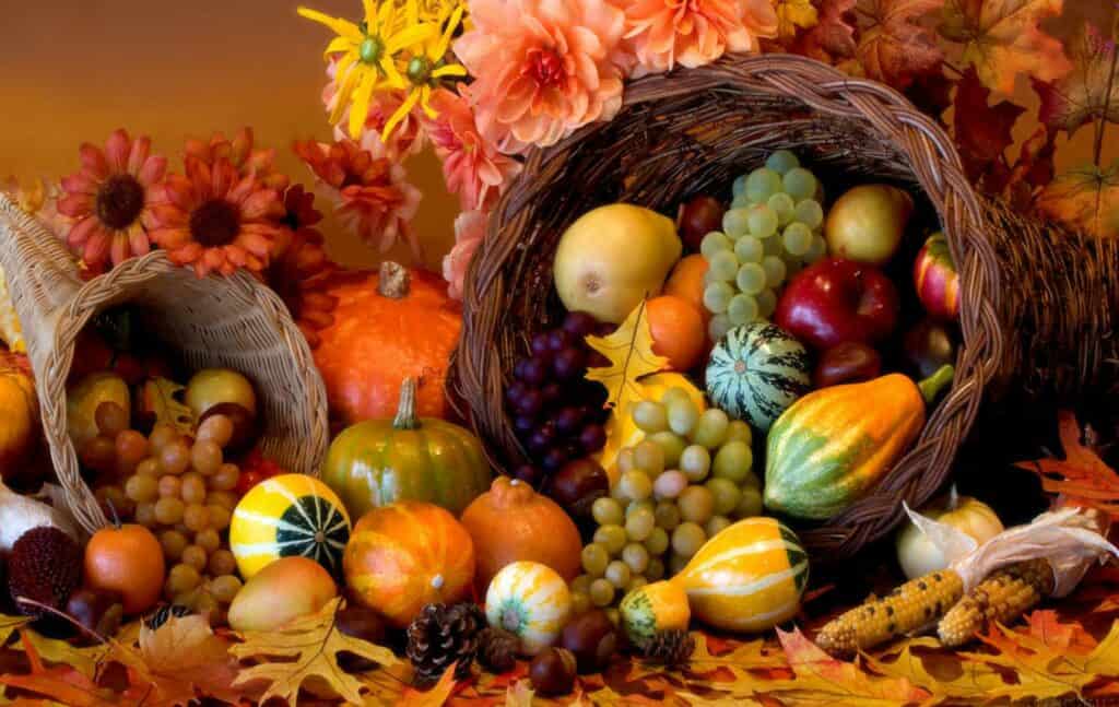 Thanksgiving baskets filled with fruits and flowers.