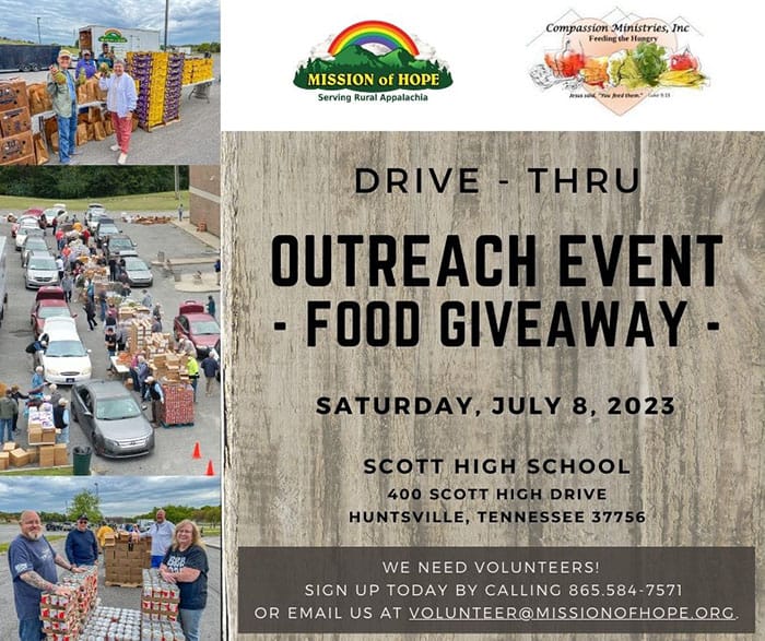 A flyer for the drive thru outreach event food giveaway.